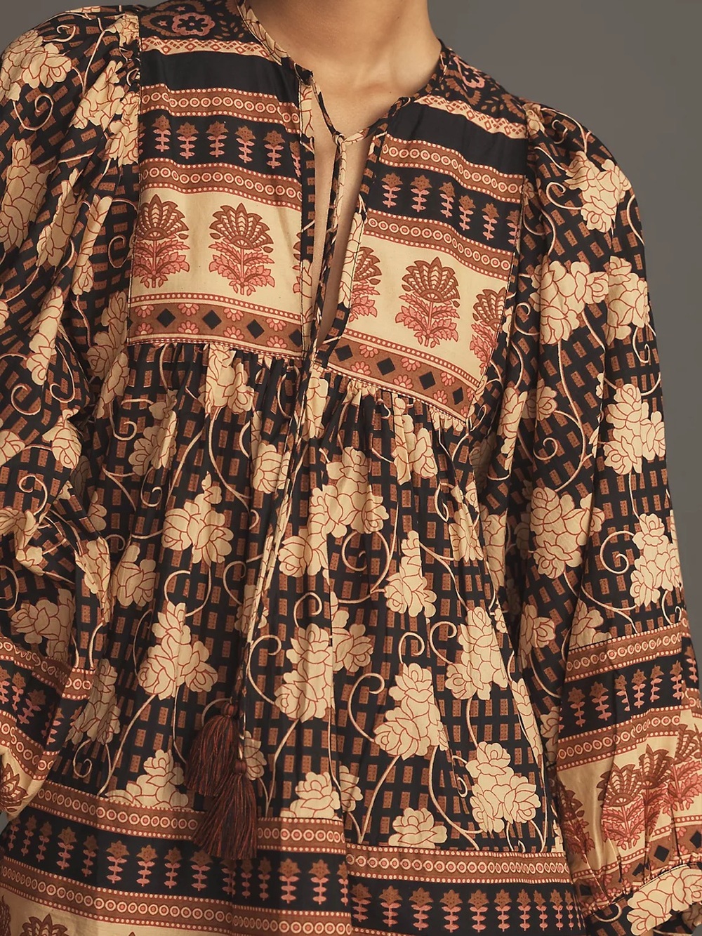 Mille Charlie Top Large Bohemian Floral Peasant Top in Black and Beige